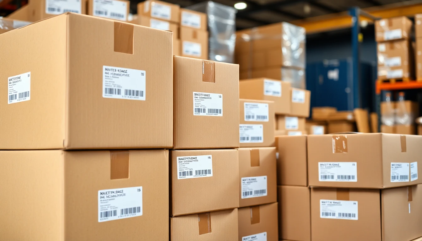 Sealed beverage shipping boxes with labels ready for carrier pickup