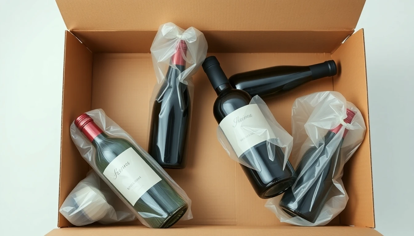 Wine bottles individually protected by inflated air cushions inside a shipping box