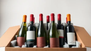 Wine bottles packed with protective cushioning in a shipping box
