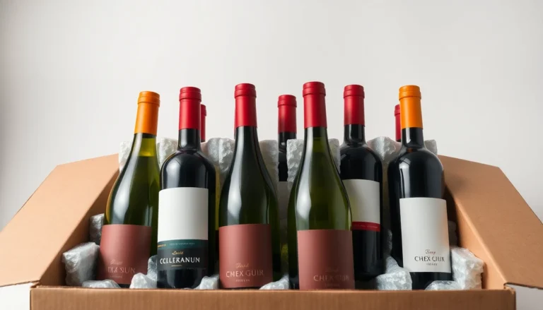 Wine bottles packed with protective cushioning in a shipping box