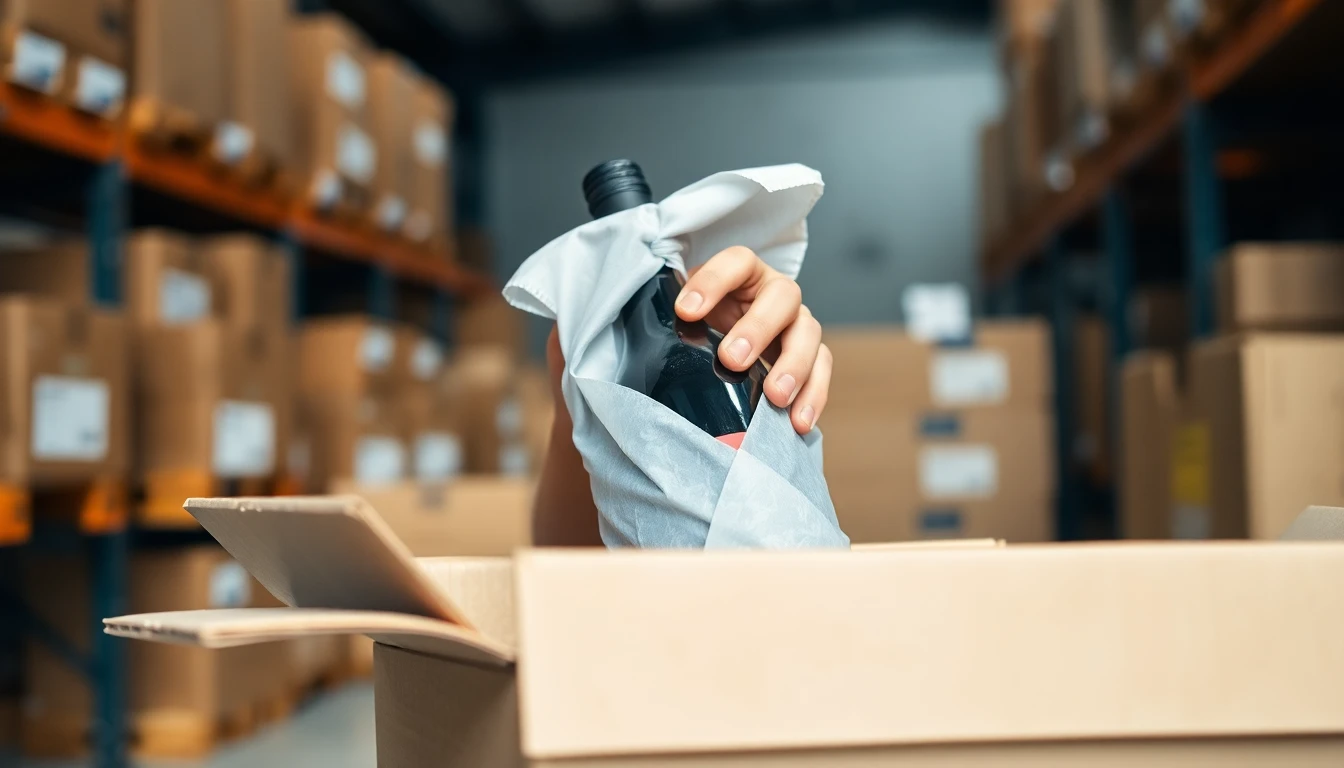 Hands placing a protected wine bottle into a shipping box