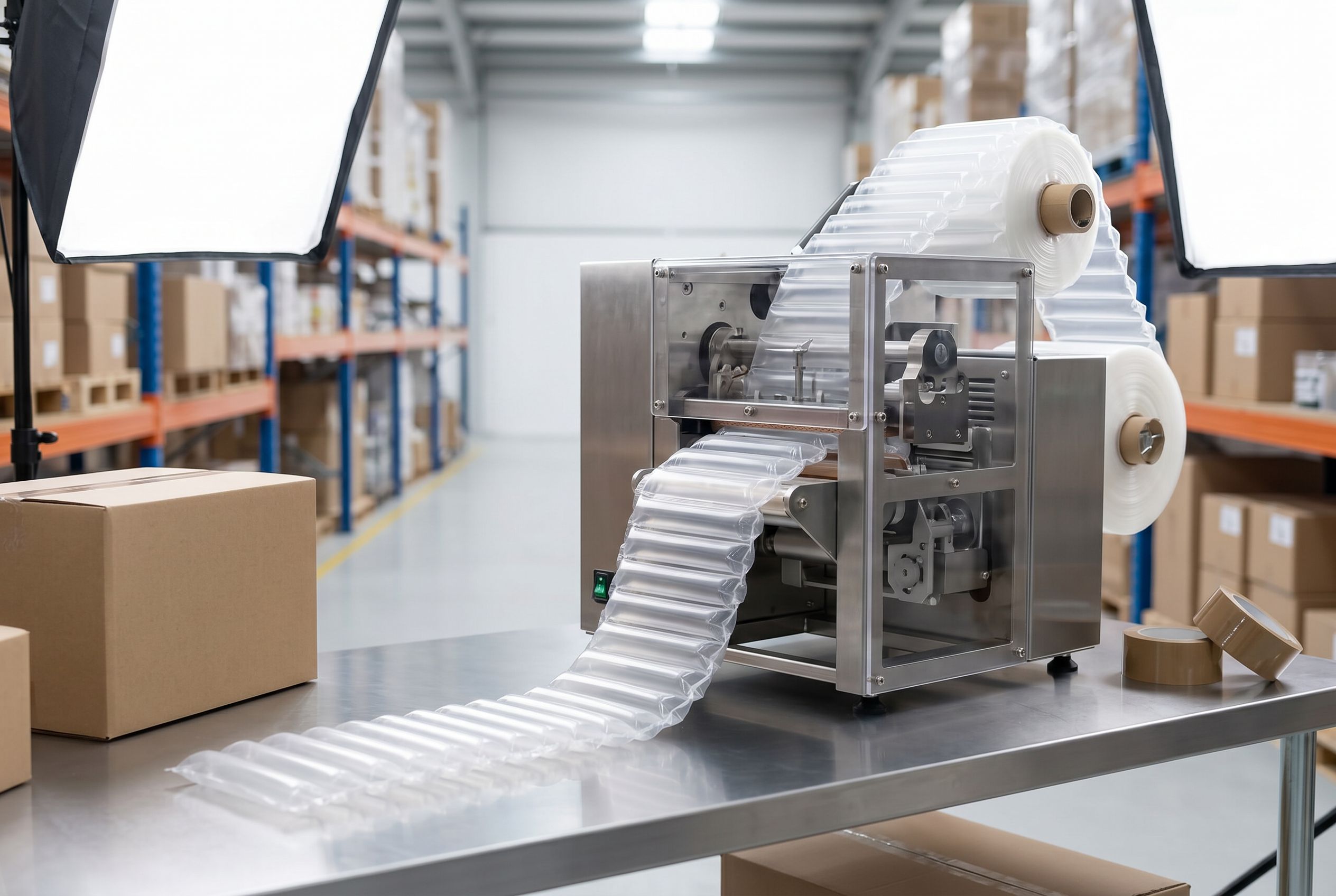 An air pillow machine producing on-demand void fill packaging at a pack station