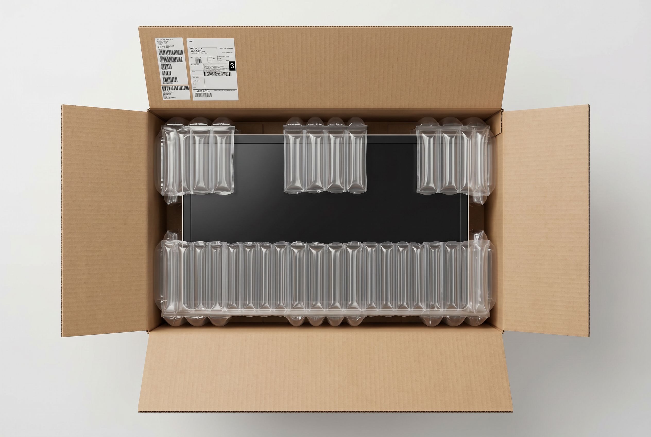 Clear air cushions protecting an electronic device inside a shipping box