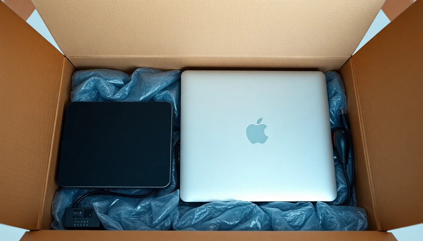 Electronic devices packed with protective cushioning in a shipping box