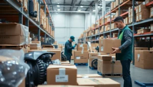 Automotive parts being packed with protective packaging at a warehouse station