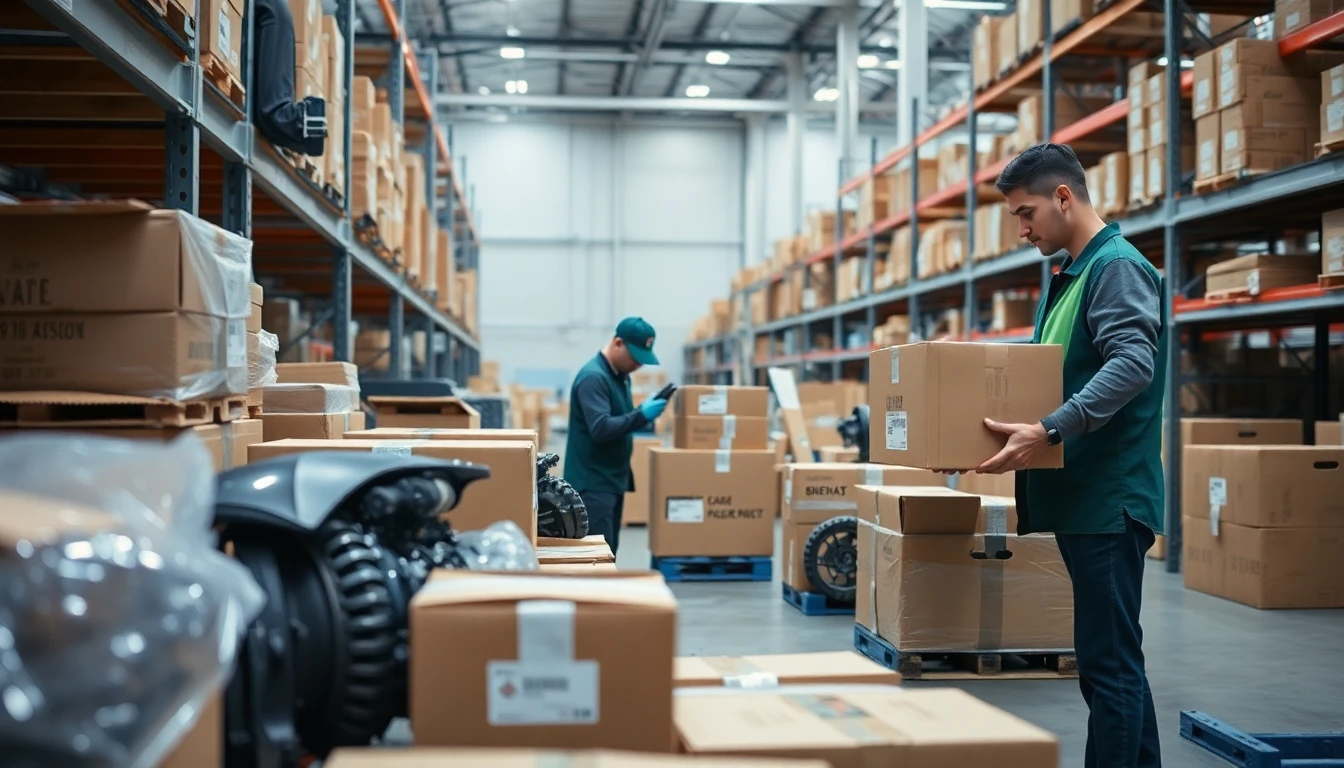Automotive parts being packed with protective packaging at a warehouse station