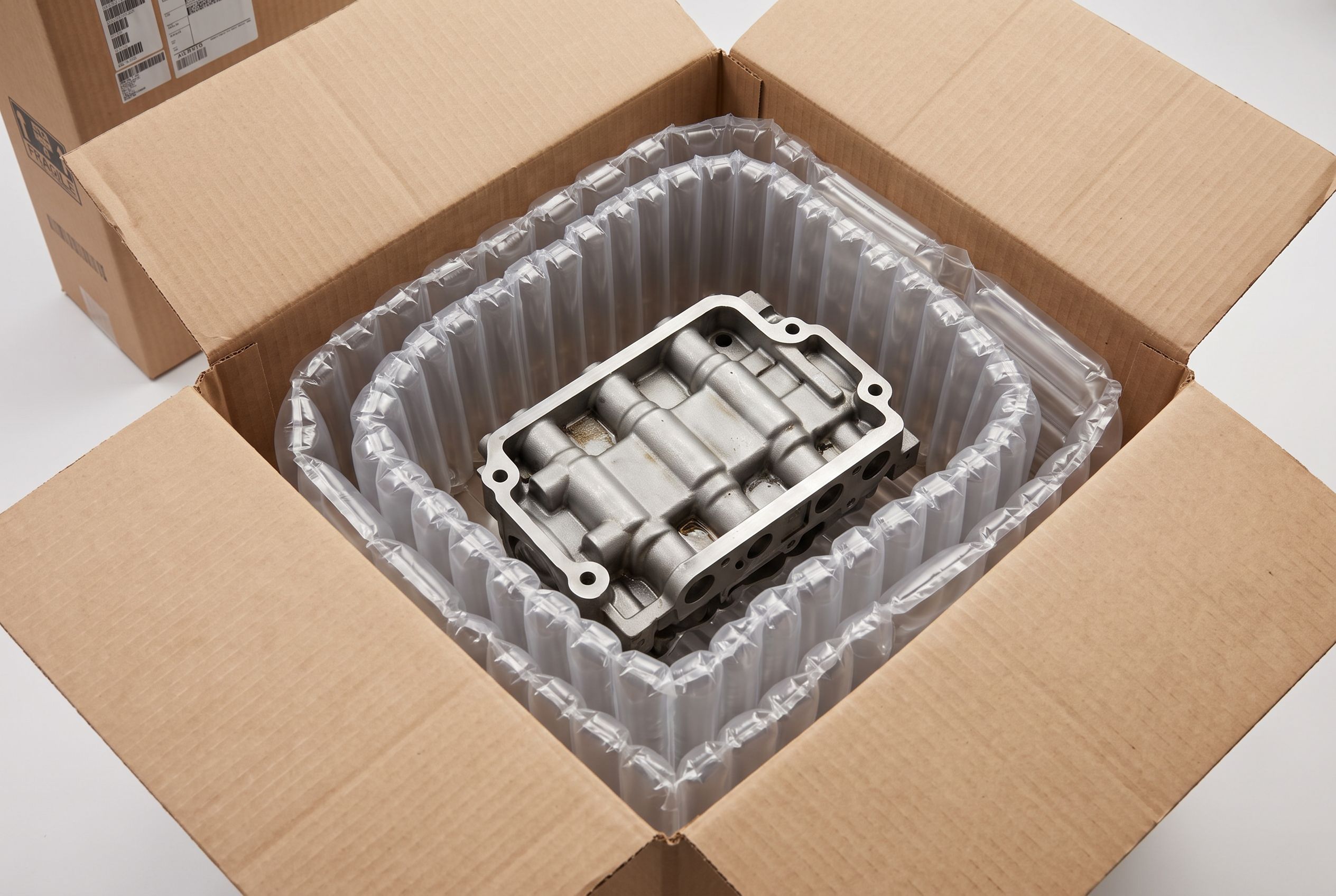 An automotive part protected with air pillow void fill inside a corrugated shipping box