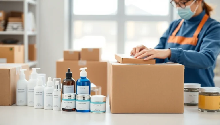 Cosmetic products being packed with protective packaging for shipping