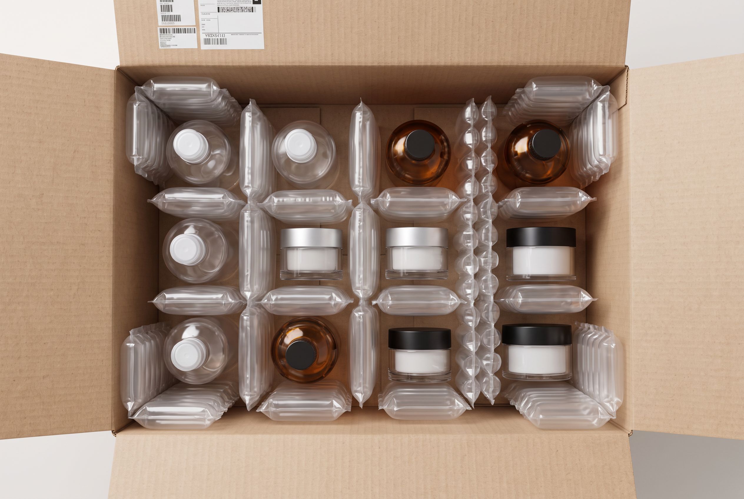 Cosmetic products protected with air pillow void fill inside a shipping box