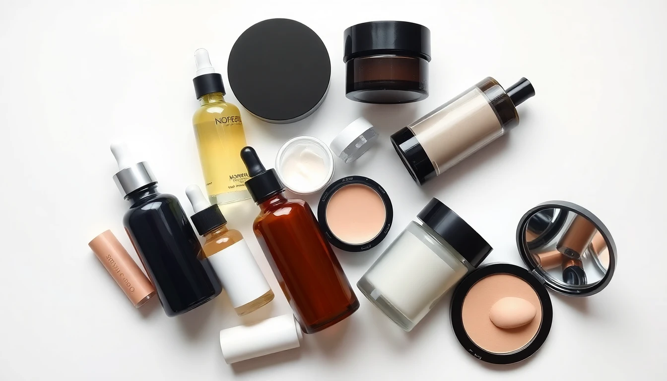 A range of cosmetic products including glass bottles, jars, and powder compacts