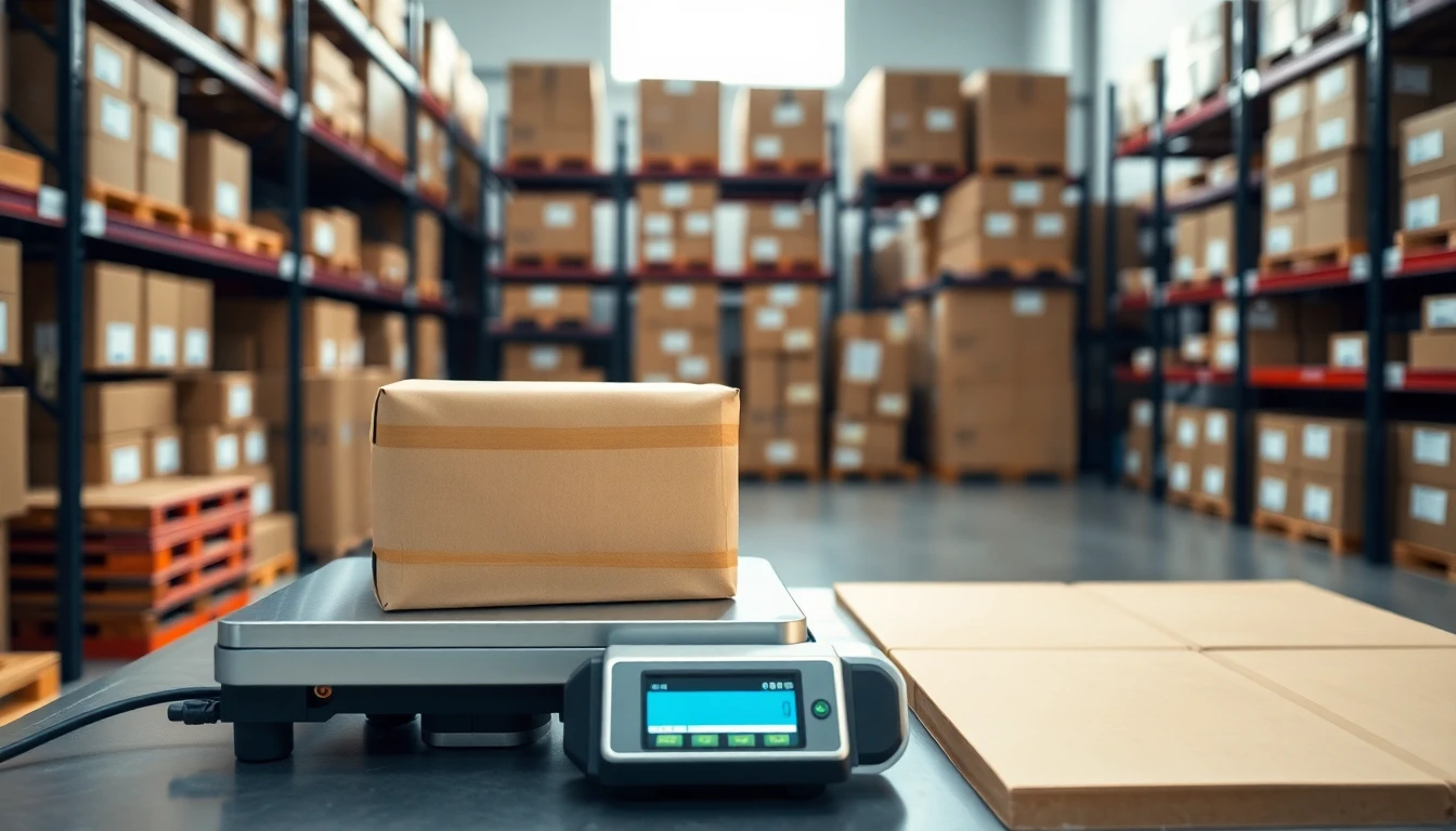 Warehouse pack station weighing and measuring a parcel for dimensional weight