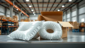 Clear inflated air pillows beside an open corrugated shipping box