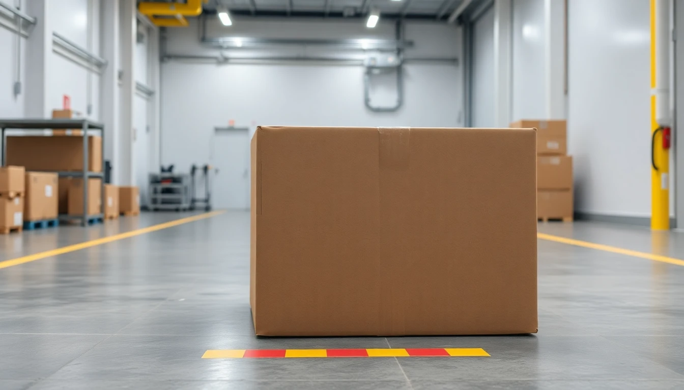 A sealed carton positioned for a packaging drop test in a testing area