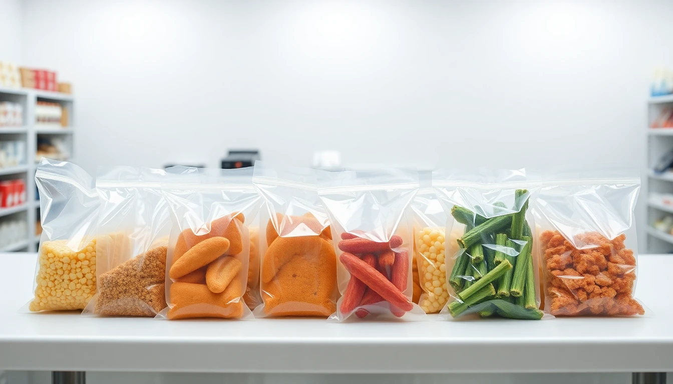 Transparent poly bags holding retail products on a prep station