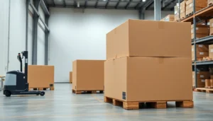 Large corrugated cartons staged for shipment in a warehouse