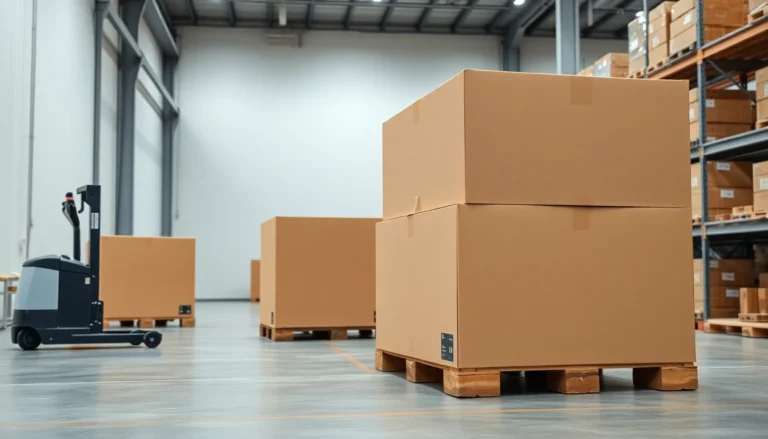 Large corrugated cartons staged for shipment in a warehouse