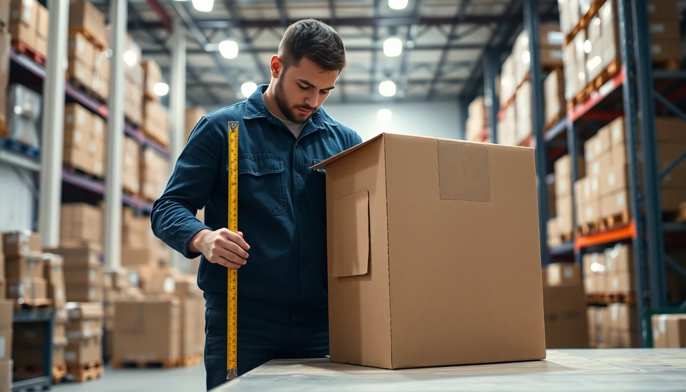 A worker measuring the dimensions of a large carton with a tape measure