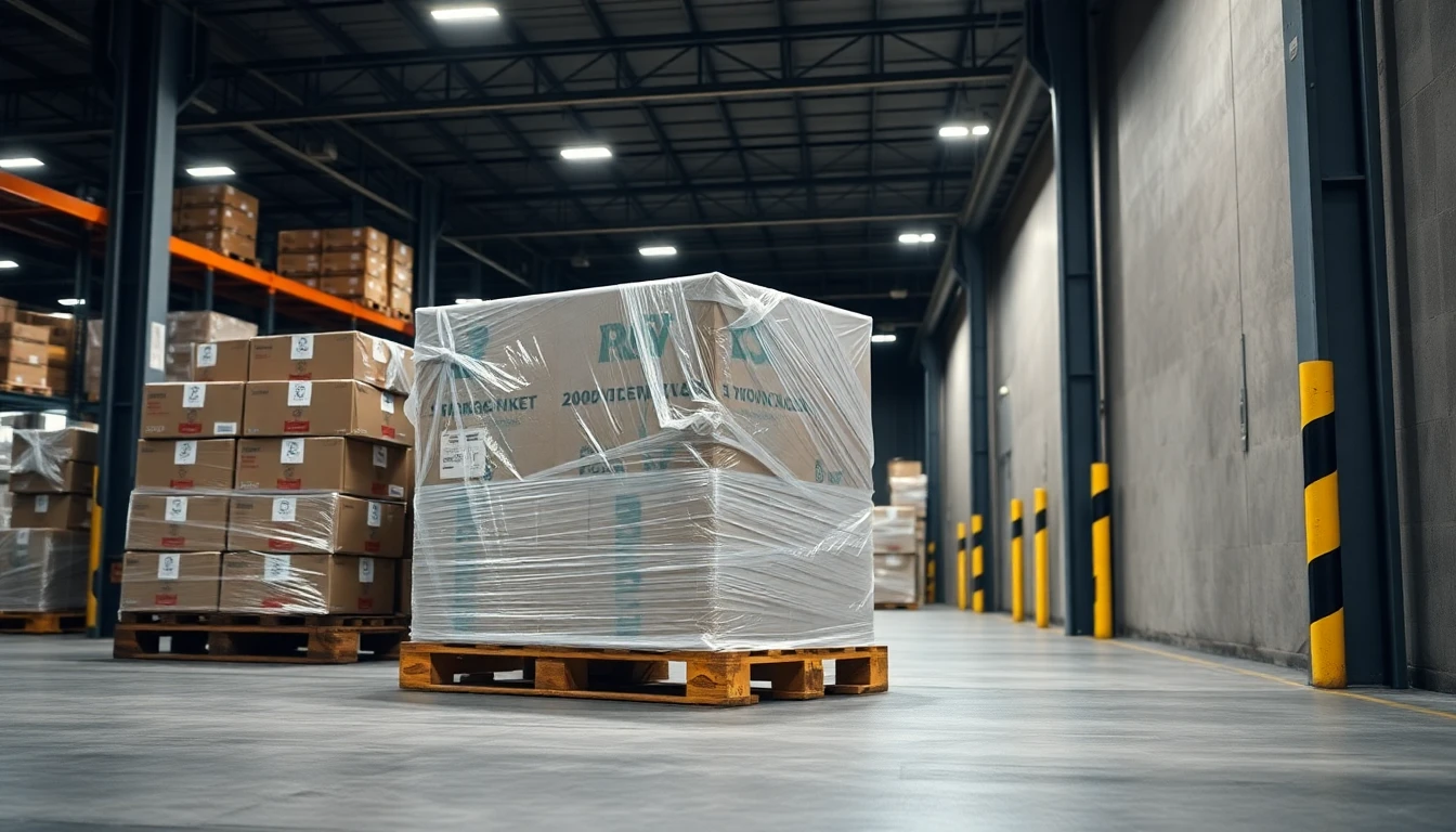 A shrink wrapped pallet load ready for LTL freight collection