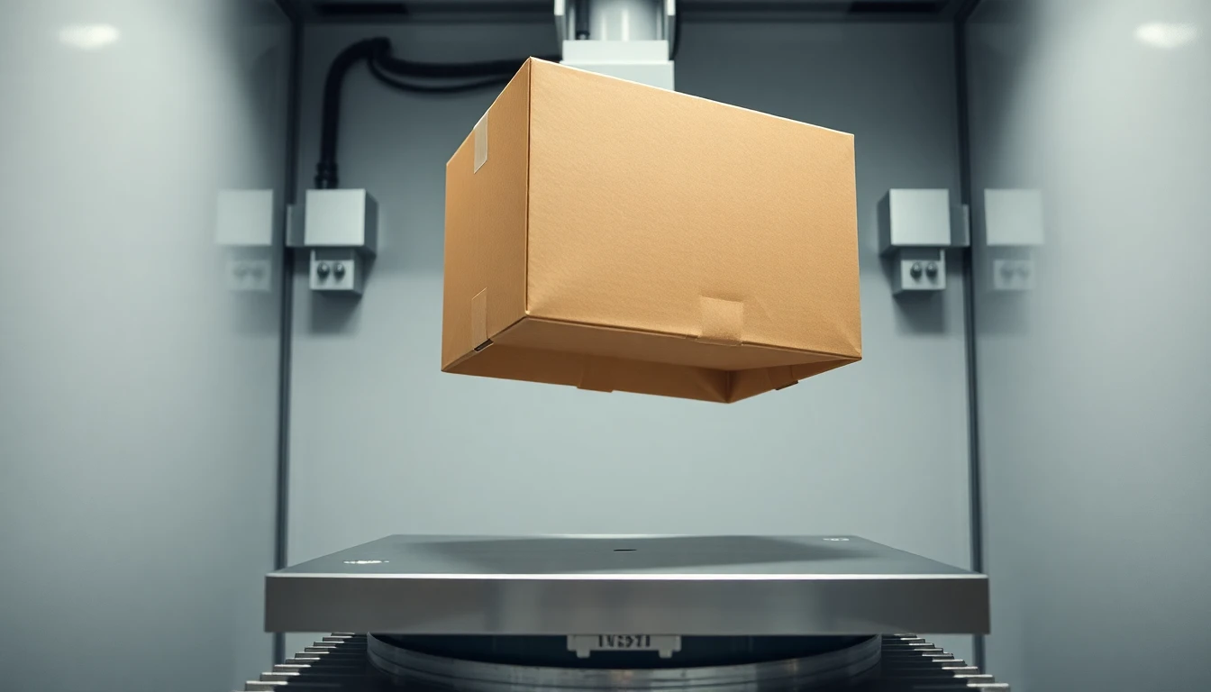 A carton positioned above a rigid impact surface for a drop test