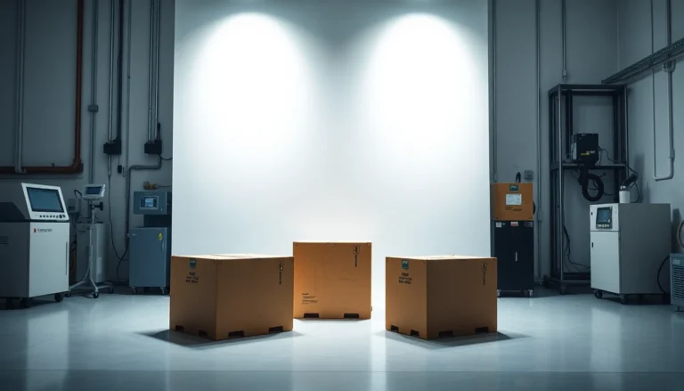 A packaging test laboratory with shipping containers staged for testing
