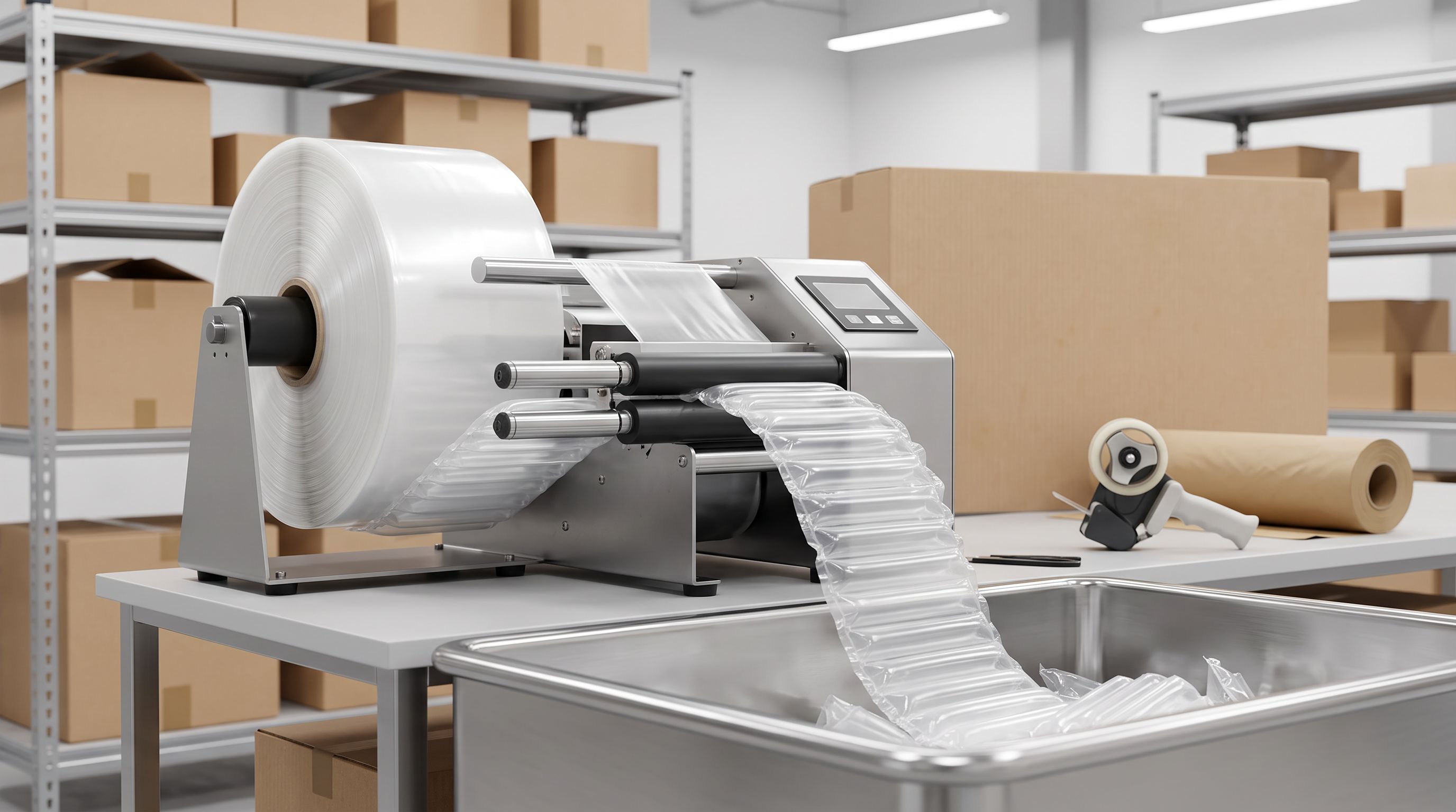 An air pillow machine producing void fill cushions at a packing station