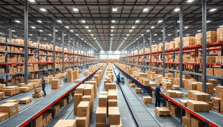 A high-volume fulfillment center with multiple packing stations in operation