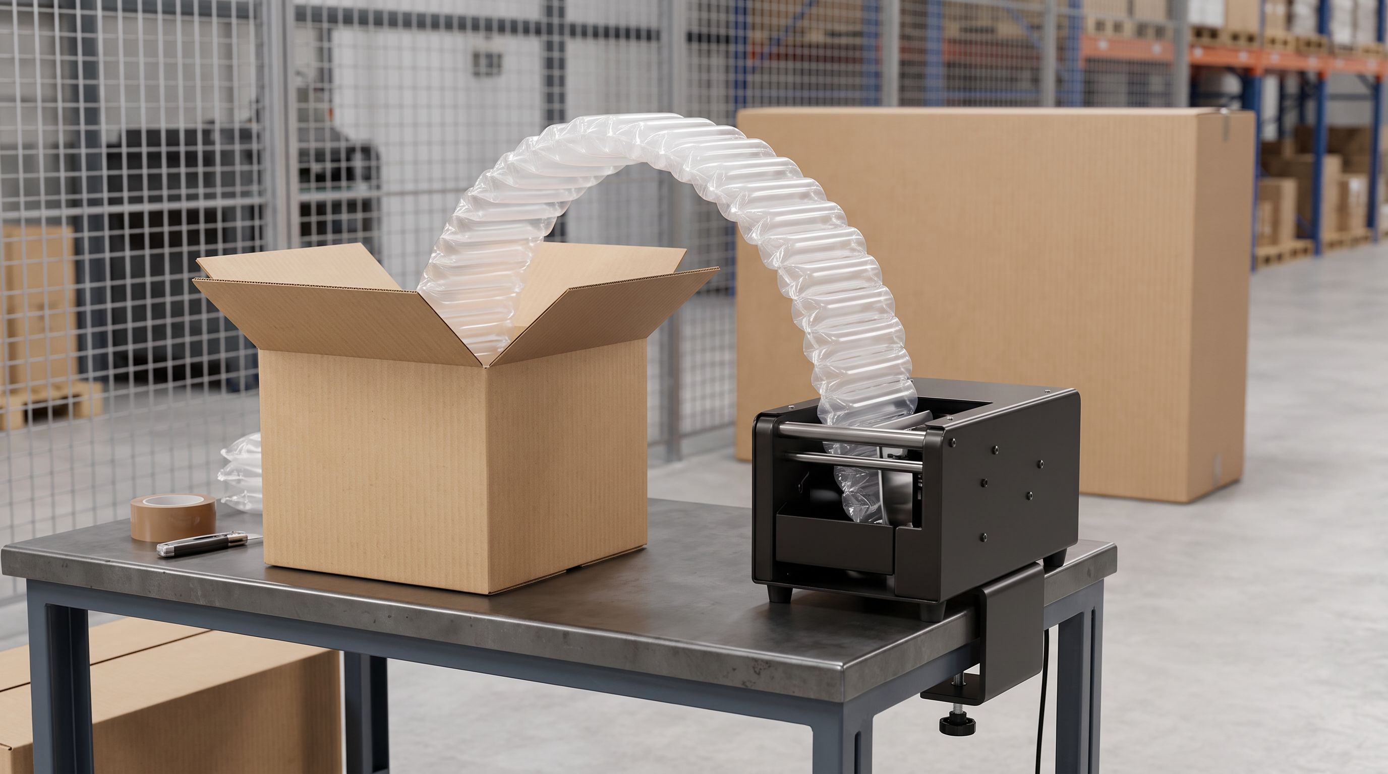An on-demand air cushion machine producing inflated void fill at a packing station
