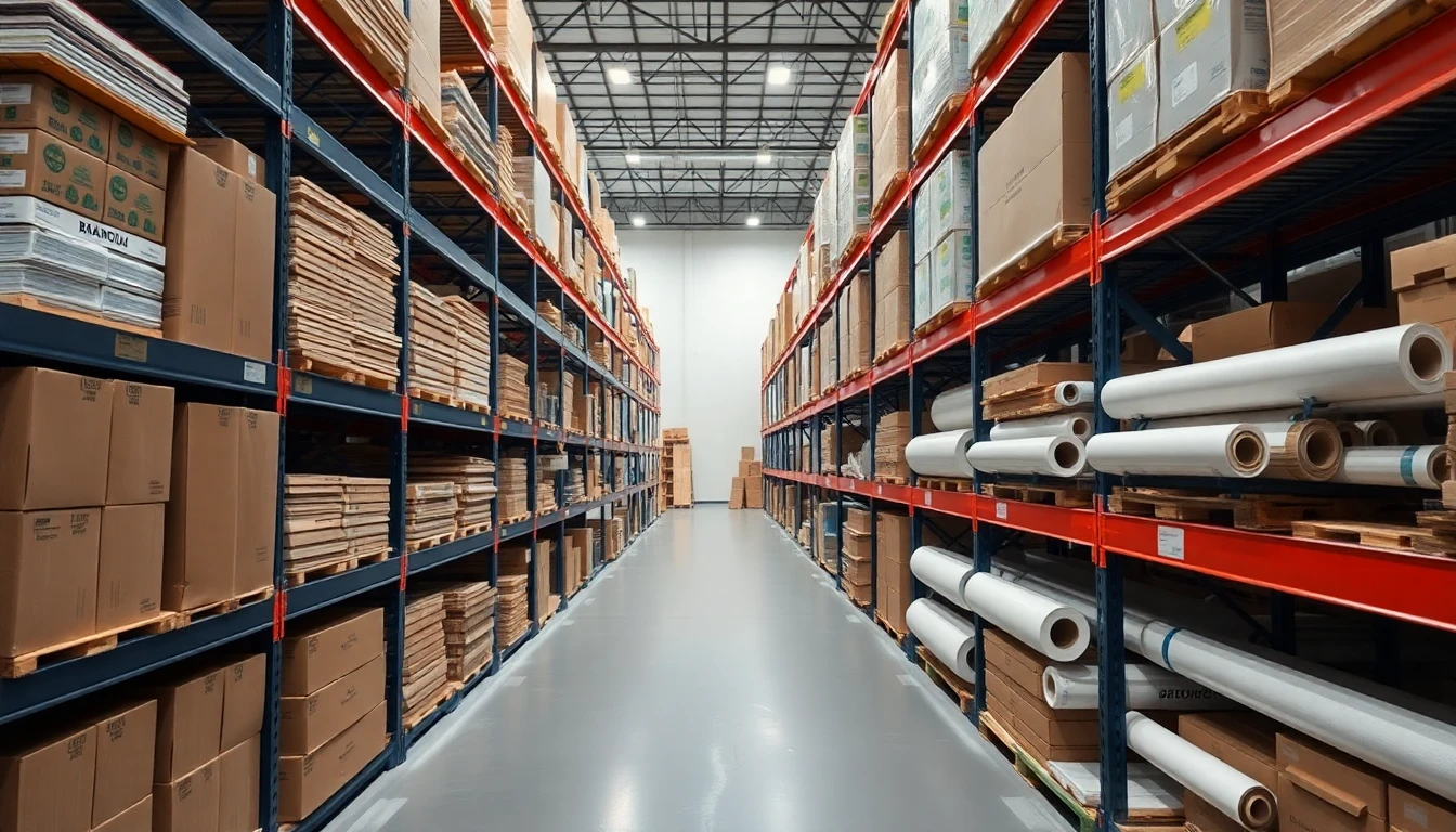 Organized warehouse storage racking holding packaging materials and flat boxes
