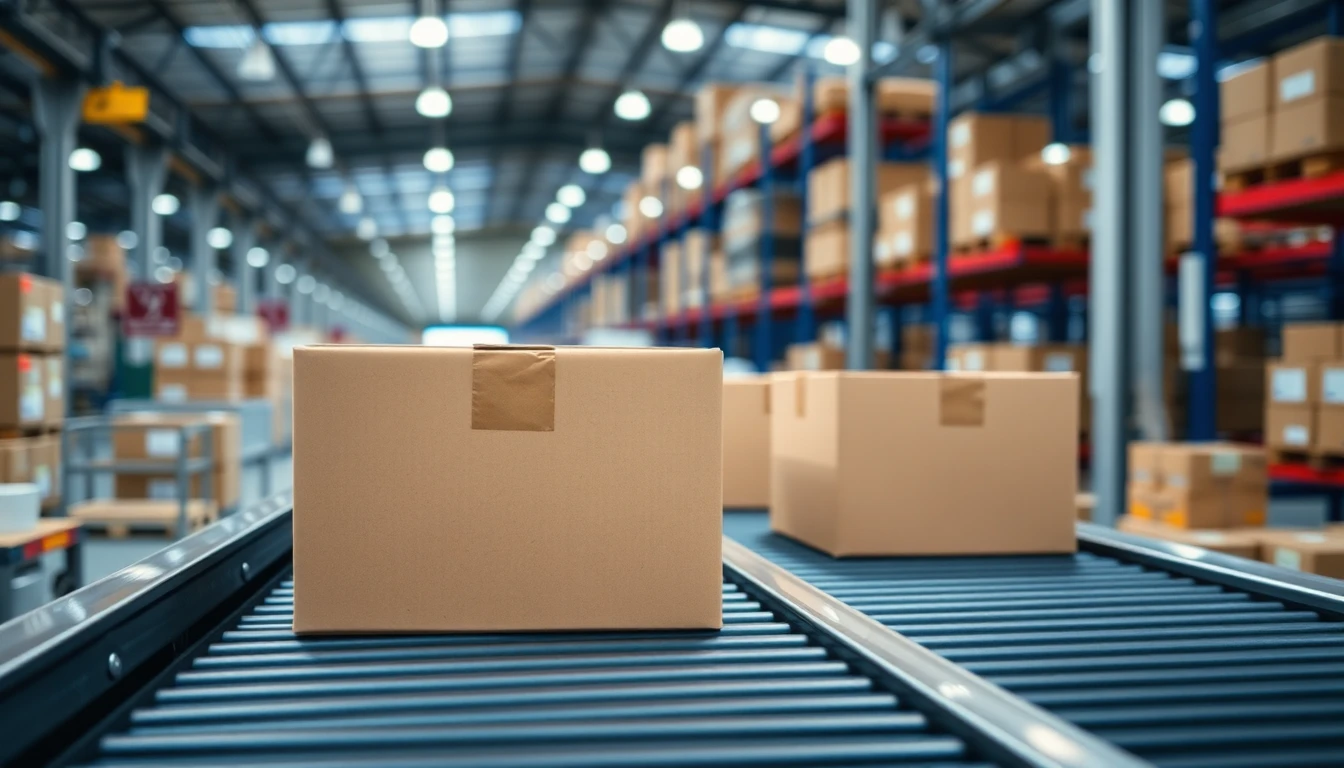 Packed cartons moving along a conveyor in a distribution center