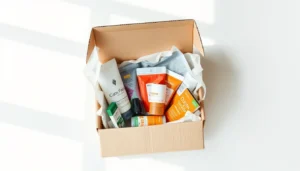 An opened subscription box with products arranged inside on a bright surface
