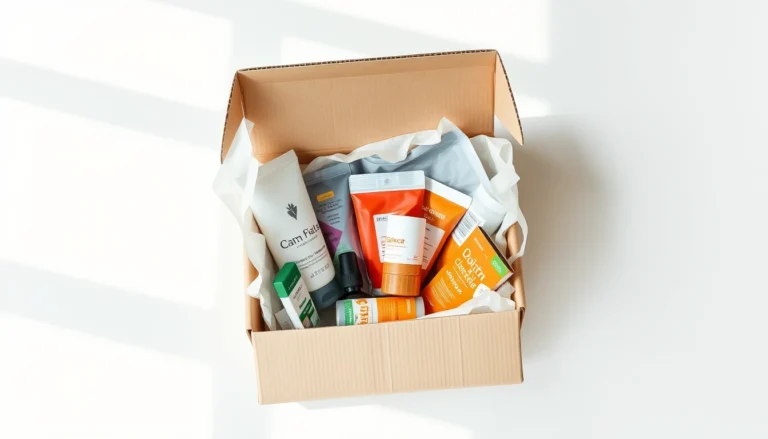 An opened subscription box with products arranged inside on a bright surface