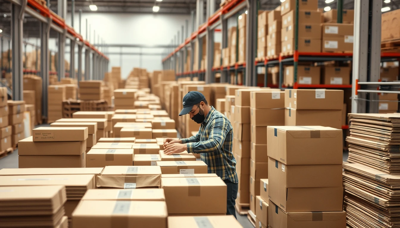 A fulfillment worker assembling subscription boxes at a packing line