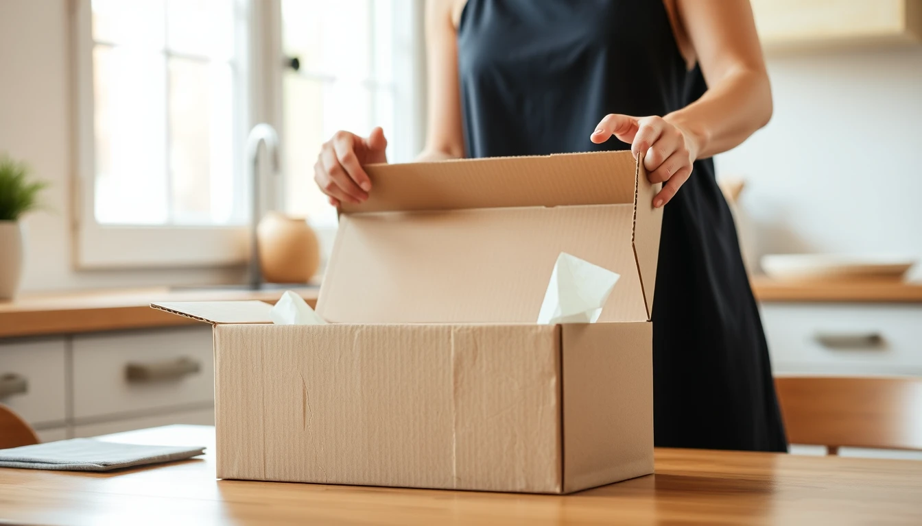 A customer opening a subscription box at a kitchen table