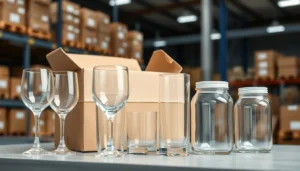Glassware being prepared for shipment in a corrugated box on a packing bench