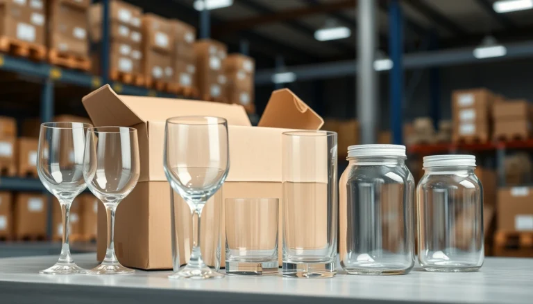 Glassware being prepared for shipment in a corrugated box on a packing bench