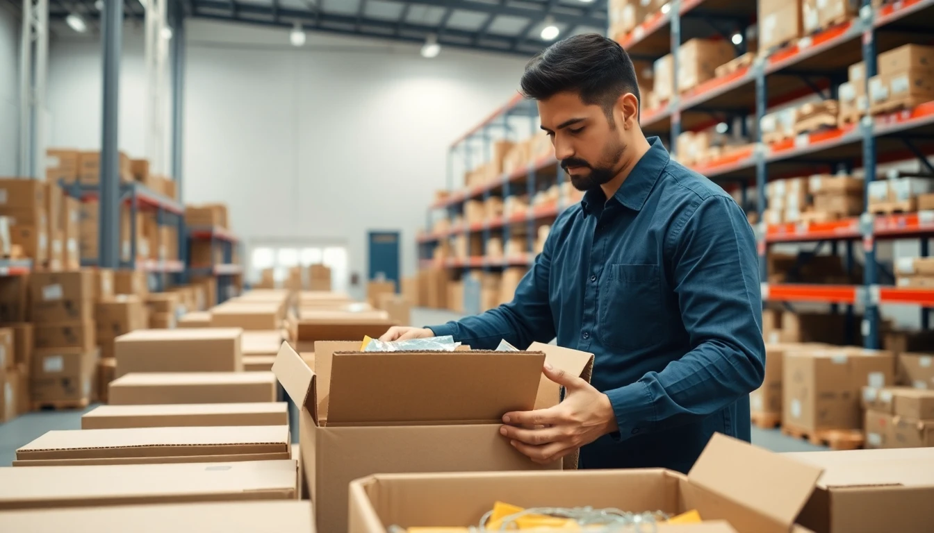 A fulfillment worker packing fragile items at a warehouse packing station