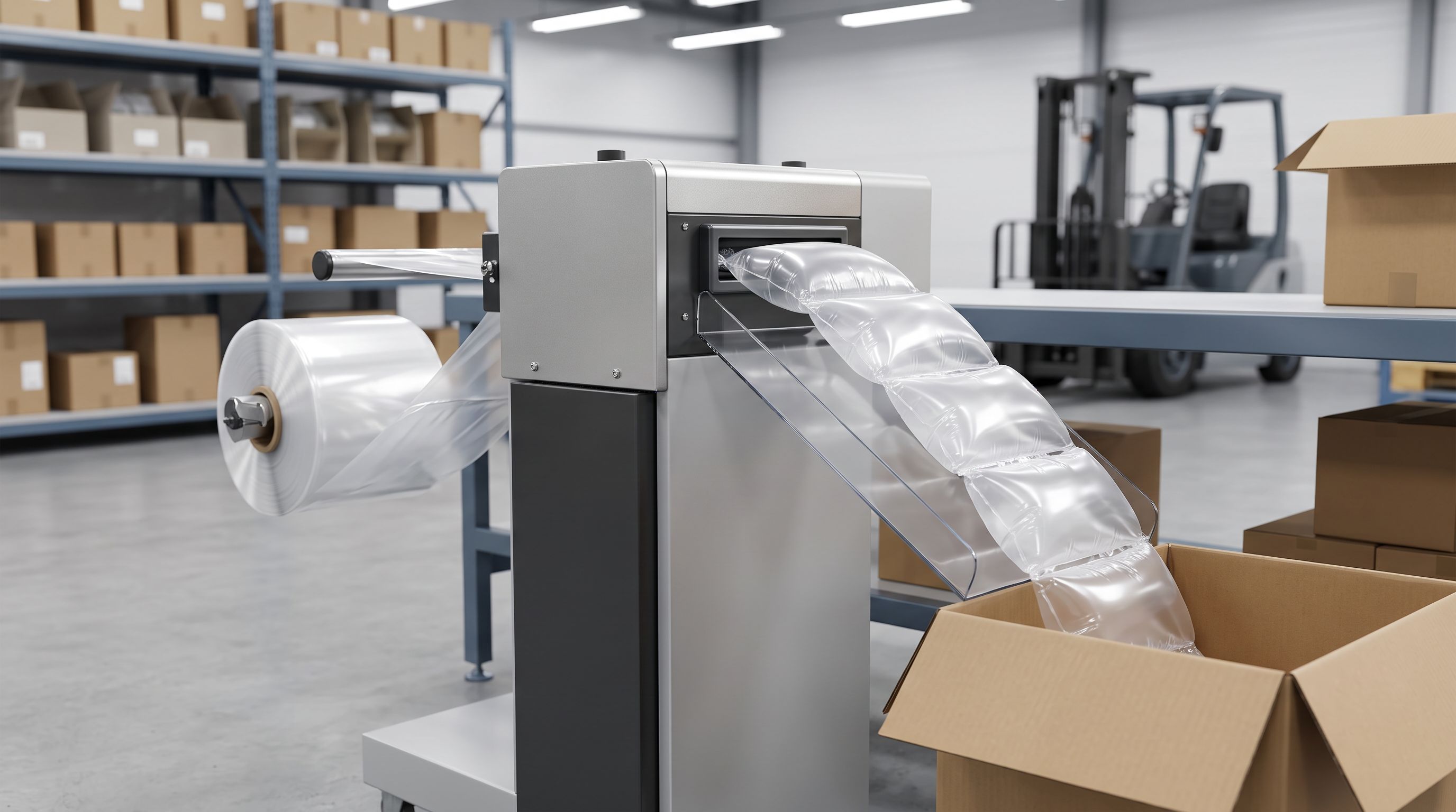 An air pillow machine producing void fill cushions at a packing station