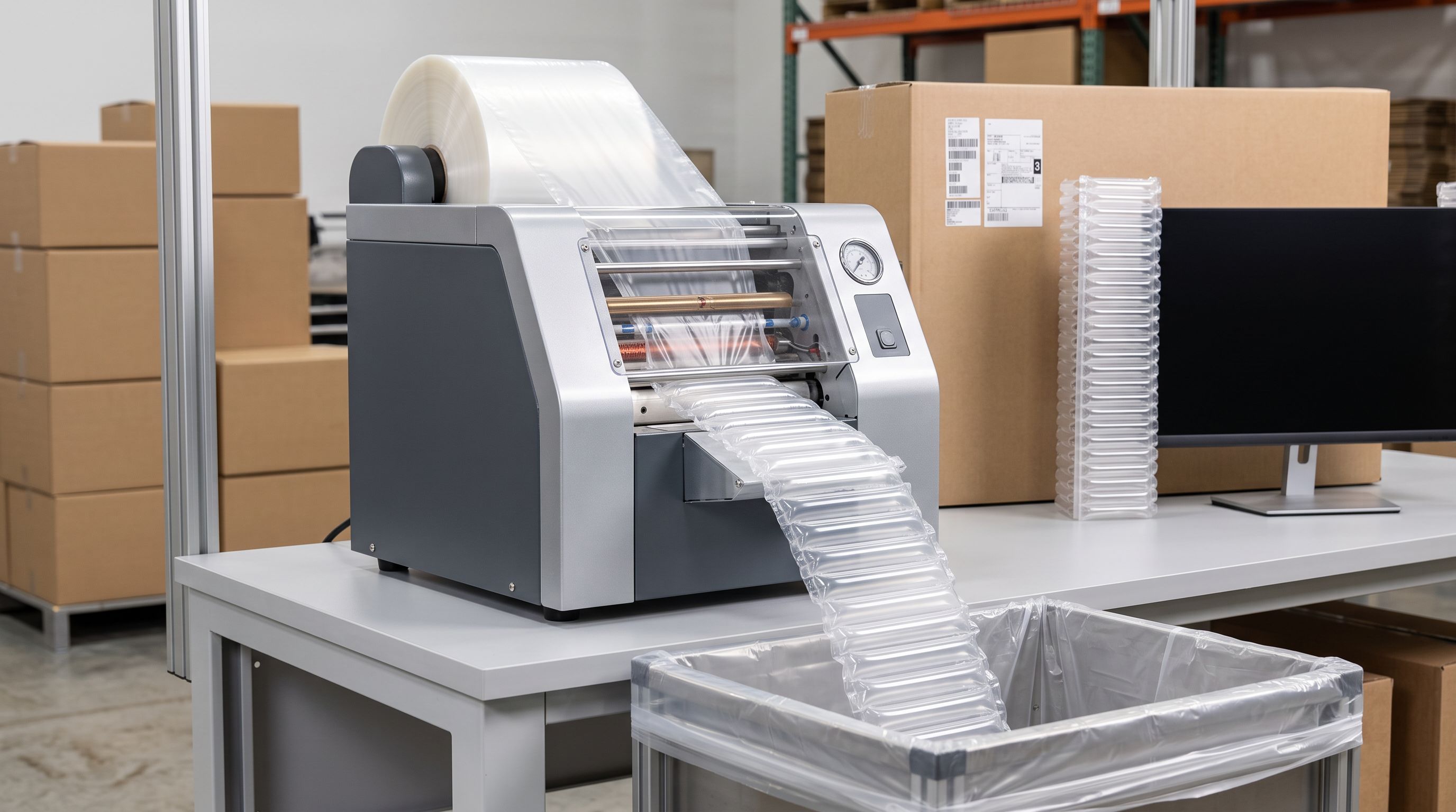 An air pillow machine producing void fill cushions at a packing station