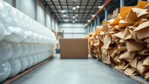 Air cushions and kraft paper void fill side by side on a packing bench