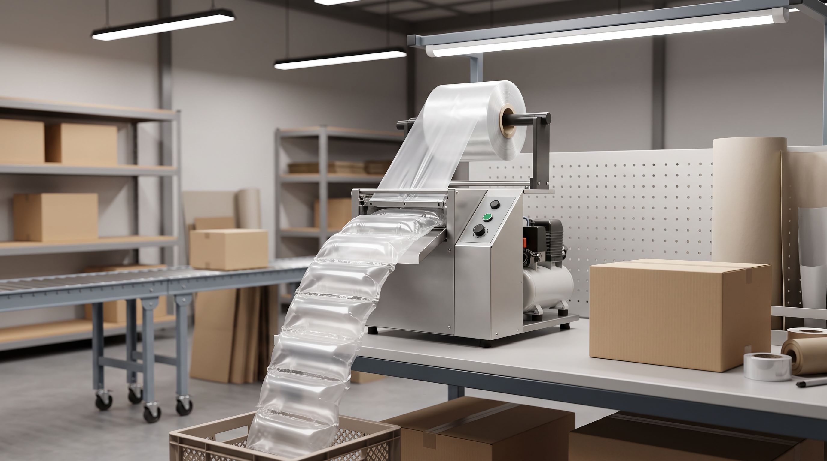 An air pillow machine producing void fill cushions at a packing station