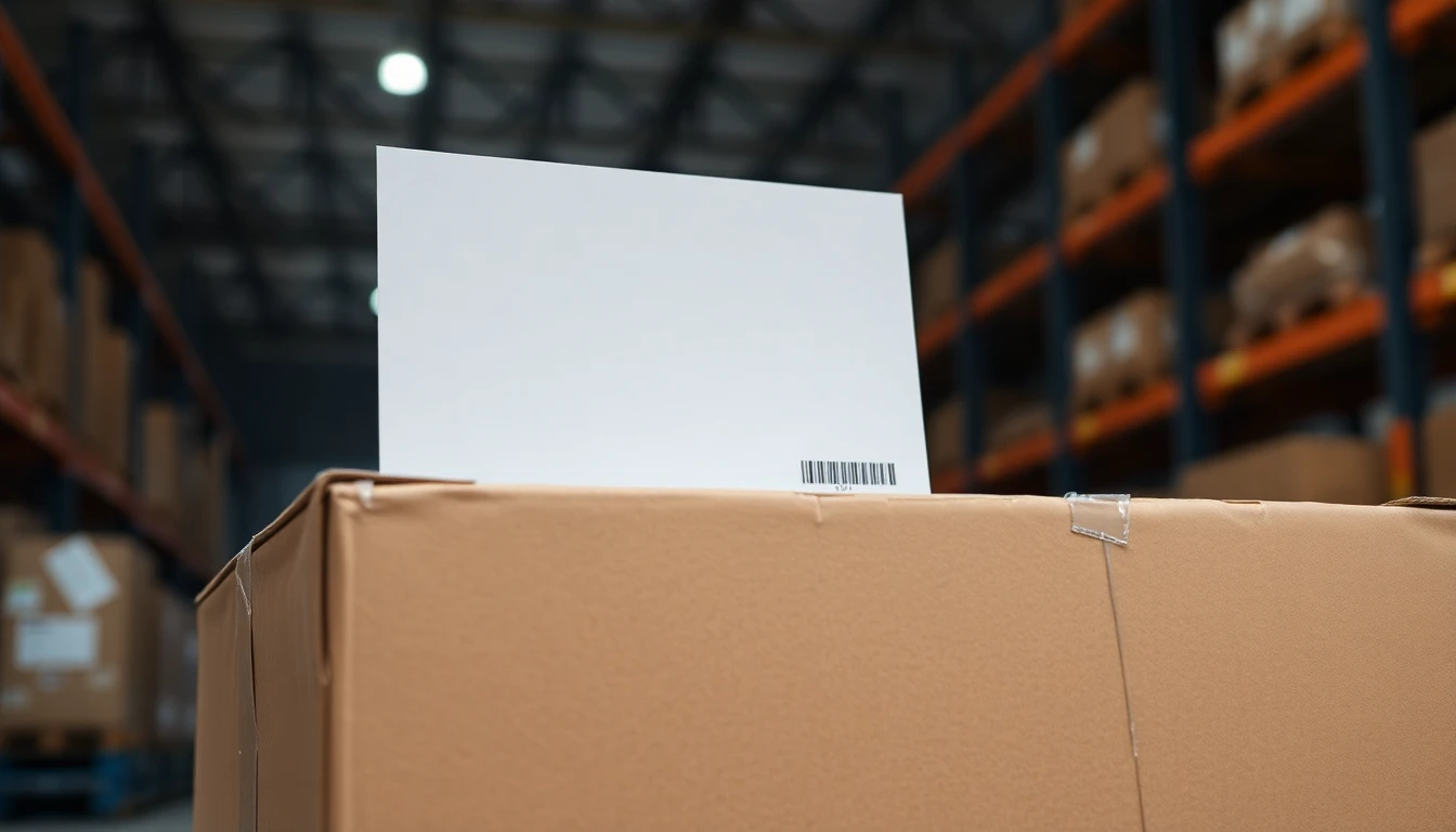 A shipping label and customs documentation attached to an export carton