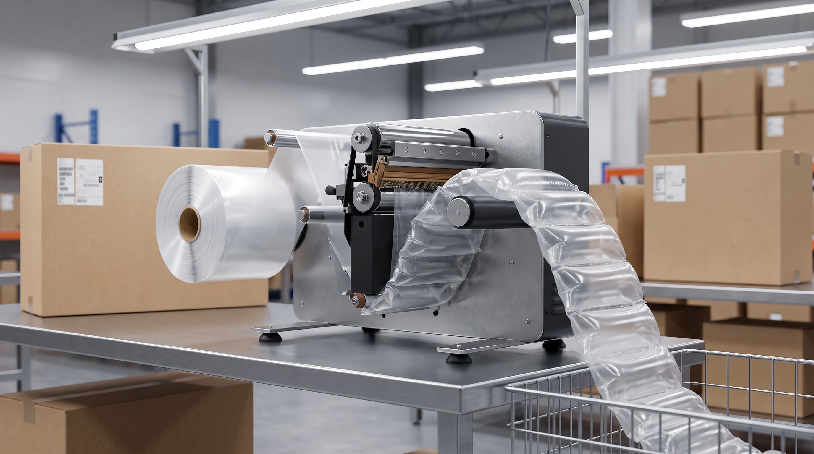 An air pillow machine producing void fill cushions at a packing station