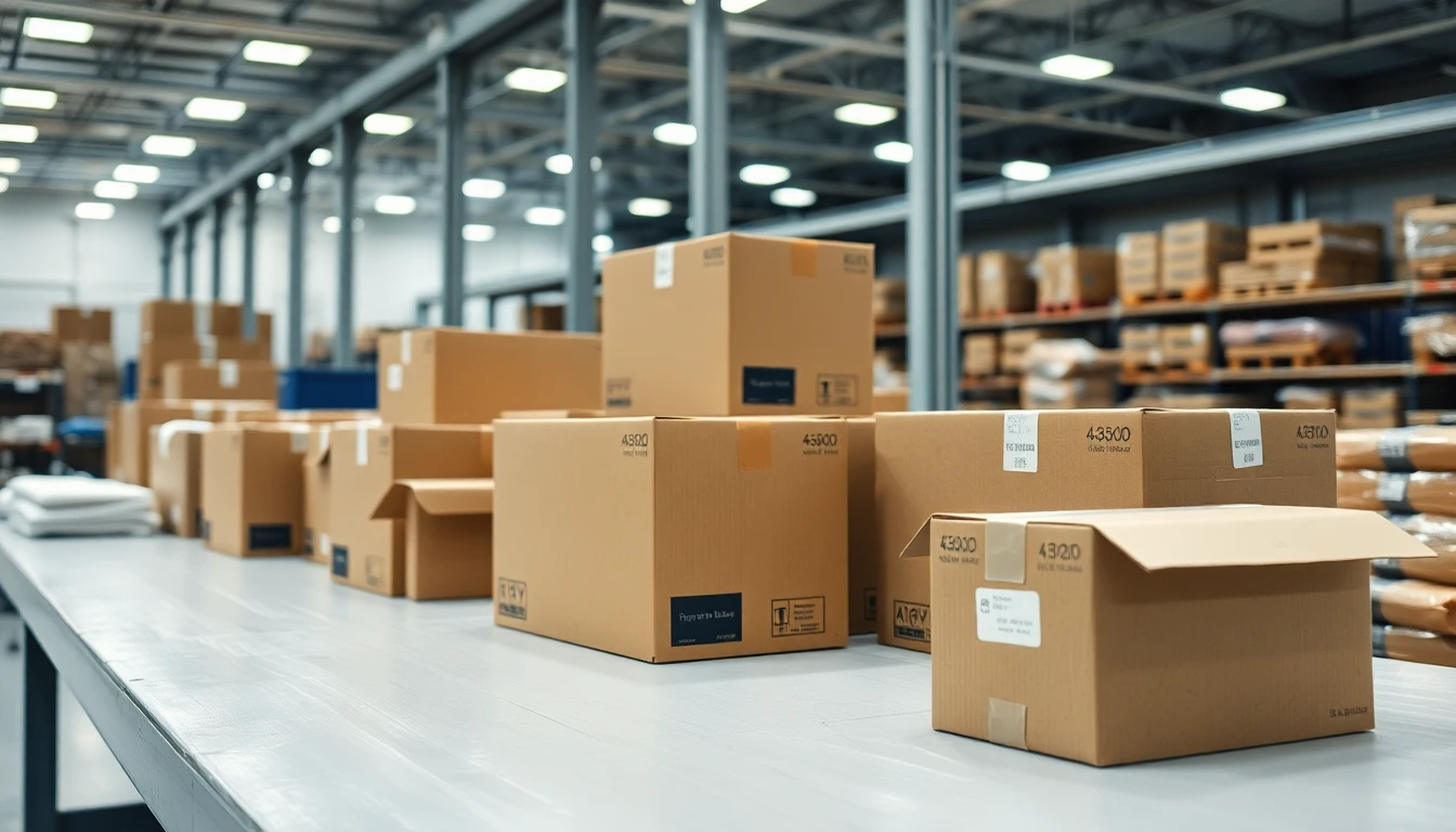 Corrugated boxes and cushioning materials arranged at a packing bench